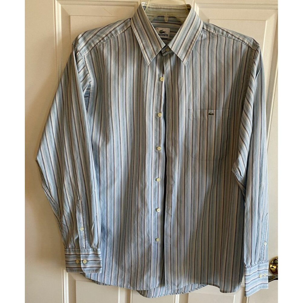 Men's Lacoste Dress Shirt Light Blue/White/Khaki Striped 100% Cotton Size-44